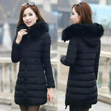 Fur collar mid-length thick down cotton-Black-9