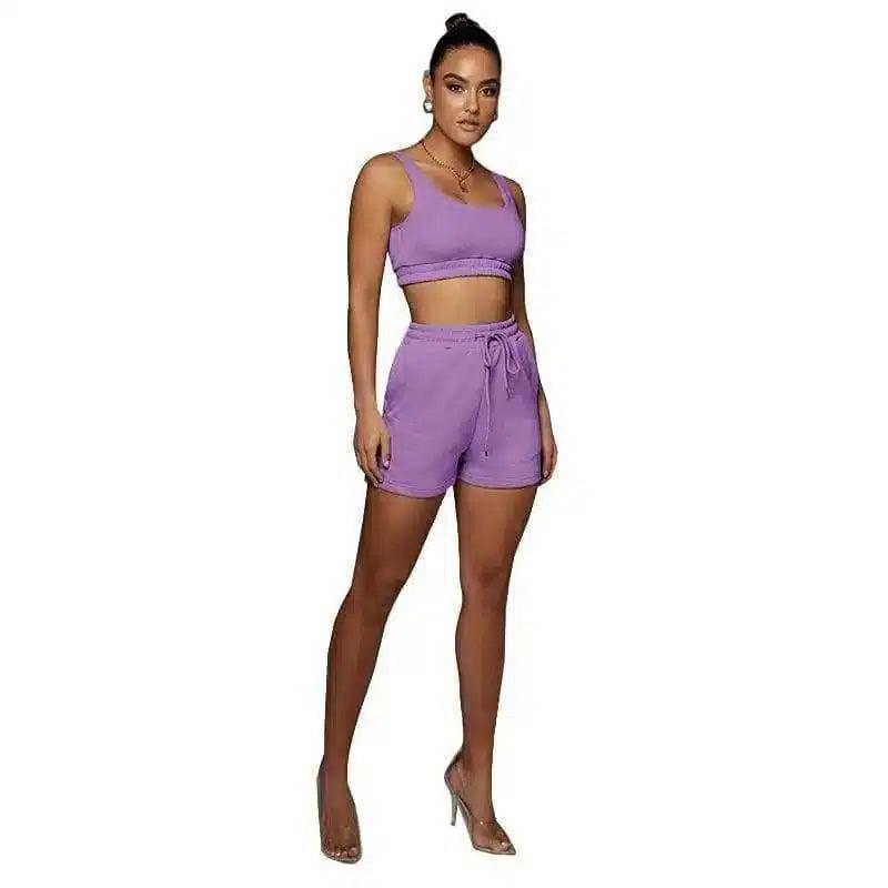 Women's Crop Top and Shorts Set-Purple-8