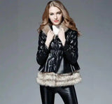 Haining fur coat female Slim PU leather hooded raccoon-Black-2