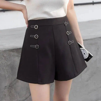 High waist Button Decoration Wide Leg Shorts-Black-8