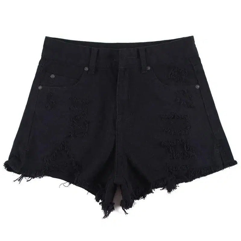 High Waist Ripped Denim Shorts-Black-35