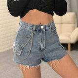 High-waisted jeans chain wide-leg raw shorts-Blue-8