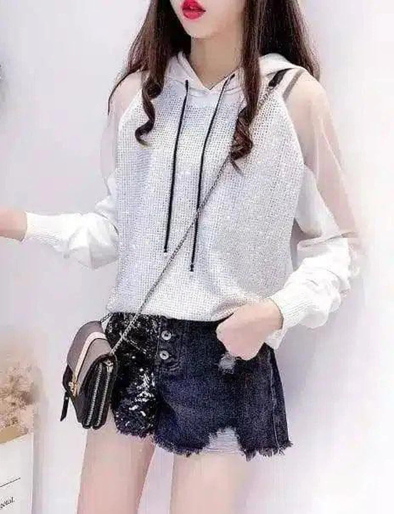 Hooded sweater loose knit top-White-1