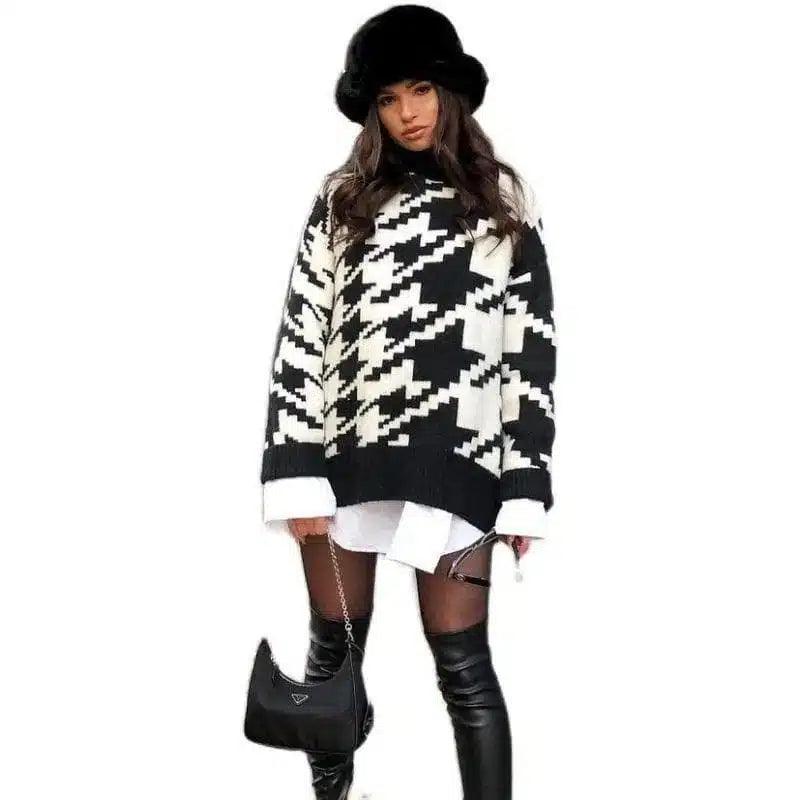 LOVEMI - Lovemi - Houndstooth Knitted Retro Pullover Sweater