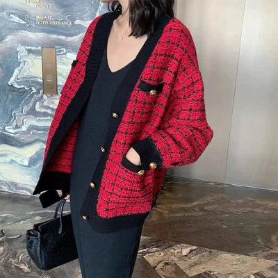 Women's Tweed Button-Up Cardigan Sweater-Red-2