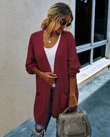 Women's Knit Cardigan with Pockets-Wine red-11