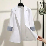 Women's Striped Cuff Blazer Jacket-White-2