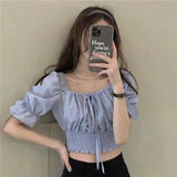 Puff Sleeve Crop Top with Drawstring Hem-Blue-1