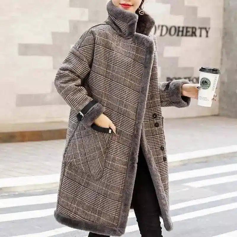 Korean temperament plus velvet thick mid-length woolen coat-Lattice-1