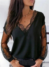 Lace Detail Sheer Sleeve V-Neck Blouse-Black-1