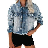 Ladies Denim Jacket Washed Denim Jacket-Light Blue-2