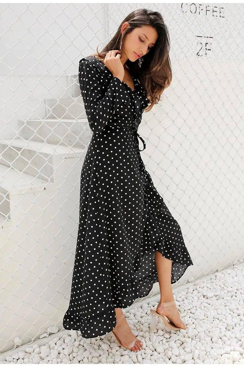 Long sleeve polka dot ruffled split dress black dress maxi-1