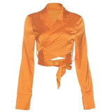 Women's Tie-Waist Button-Up Shirt and Mini Skirt-Orange-2