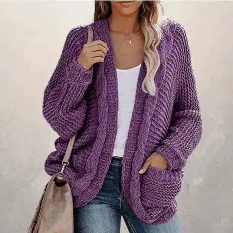 Women's Long Knit Cardigan with Pockets-Purple-10