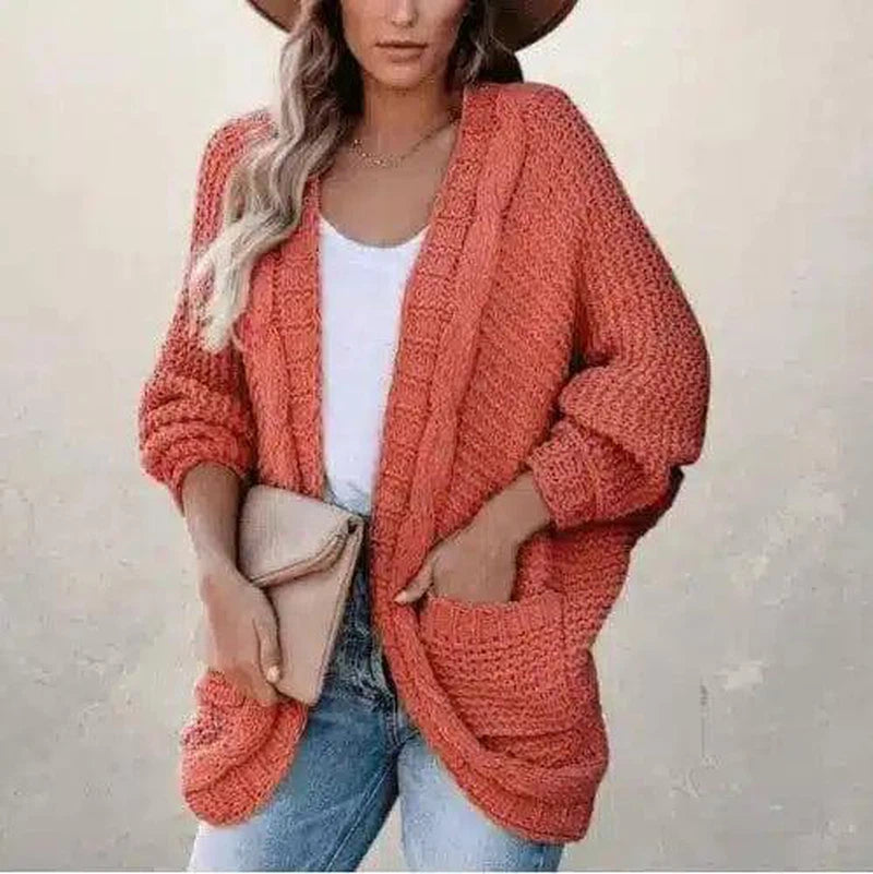 Women's Long Knit Cardigan with Pockets-Orange-11