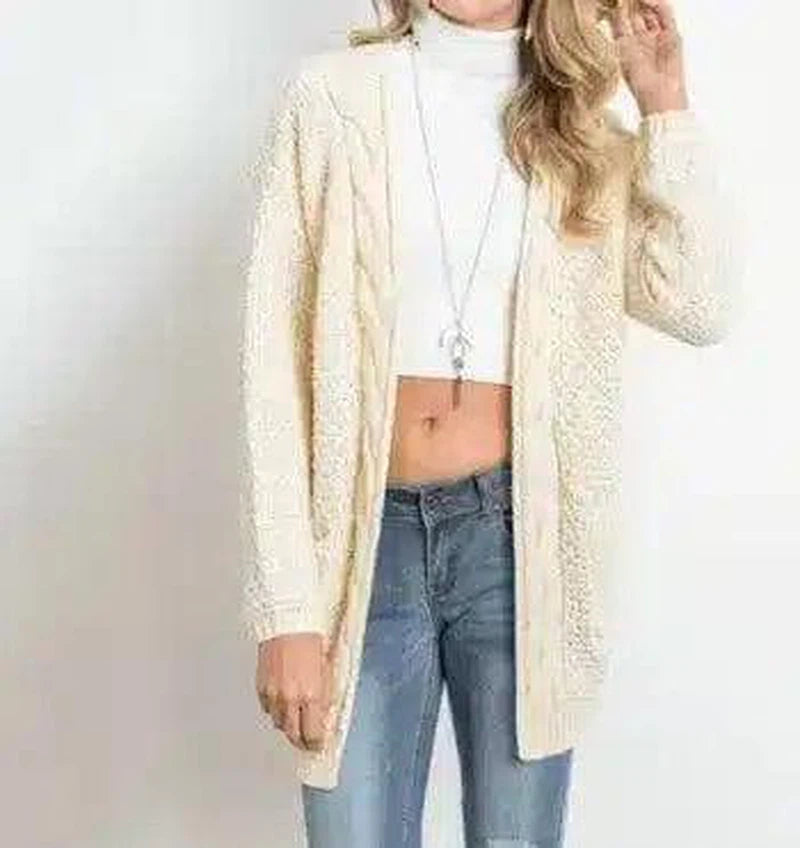 Women's Long Knit Cardigan with Pockets-Rice white-13