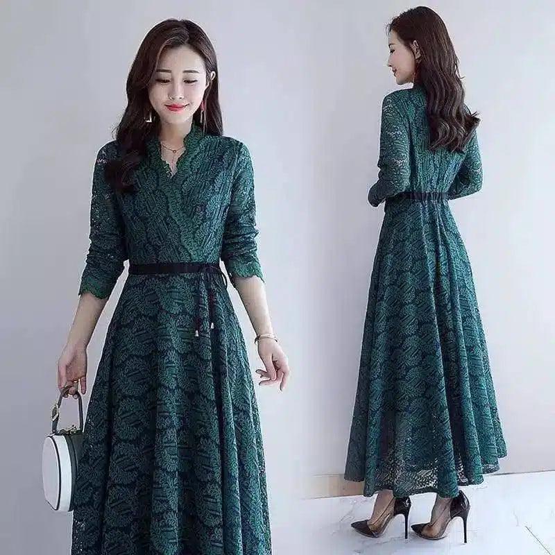 Elegant Lace Midi Dress with 3/4 Sleeves-Green-2