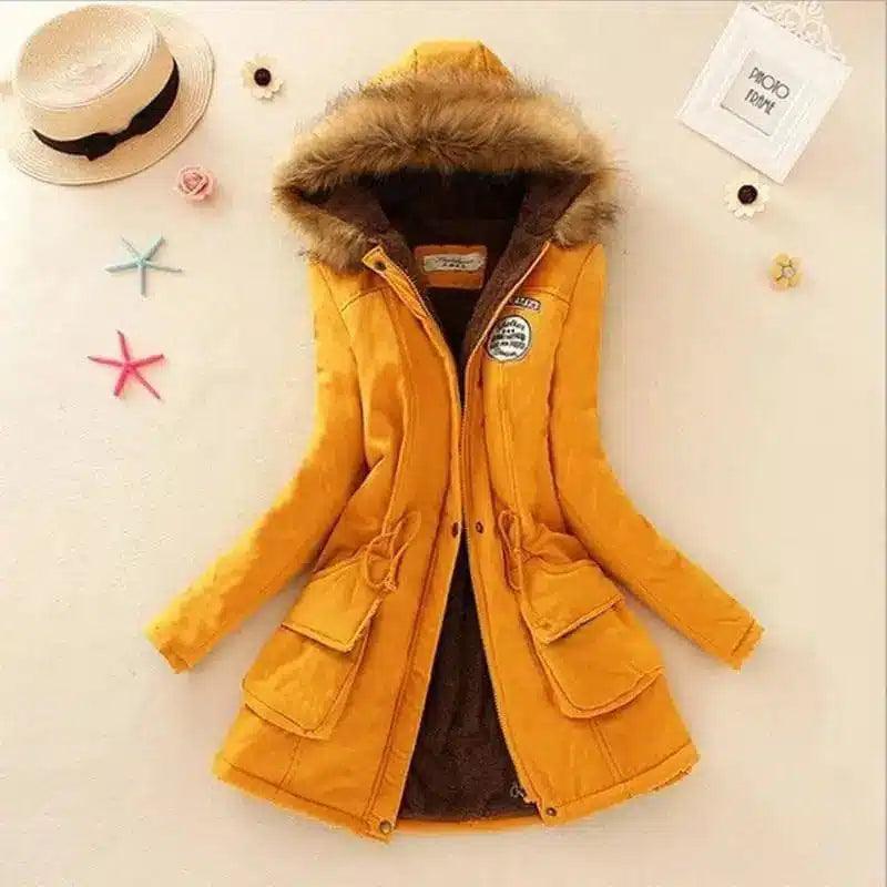 Long Women's Cotton-Padded Jacket With Wool Collar-Yellow-1