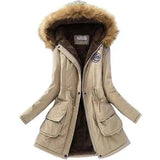 Long Women's Cotton-Padded Jacket With Wool Collar-Khaki-11