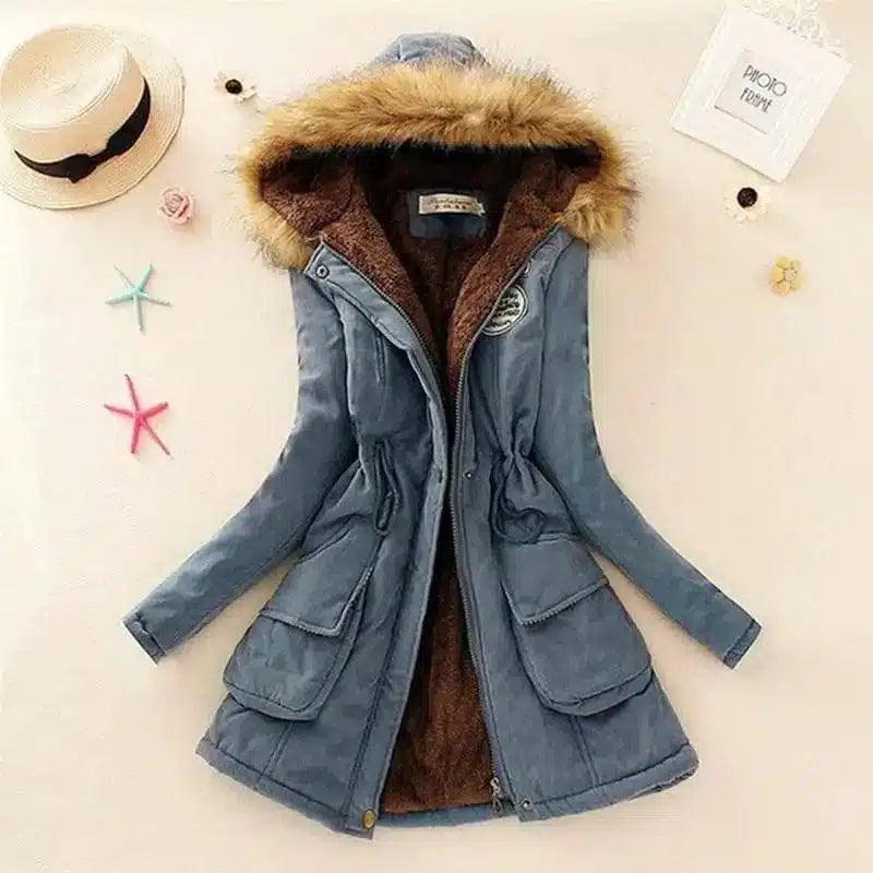 Long Women's Cotton-Padded Jacket With Wool Collar-Cowboy blue-15