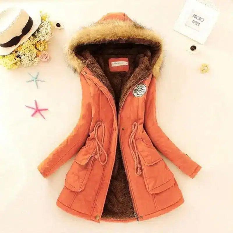 Long Women's Cotton-Padded Jacket With Wool Collar-Orange-3