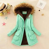 Long Women's Cotton-Padded Jacket With Wool Collar-Green-5