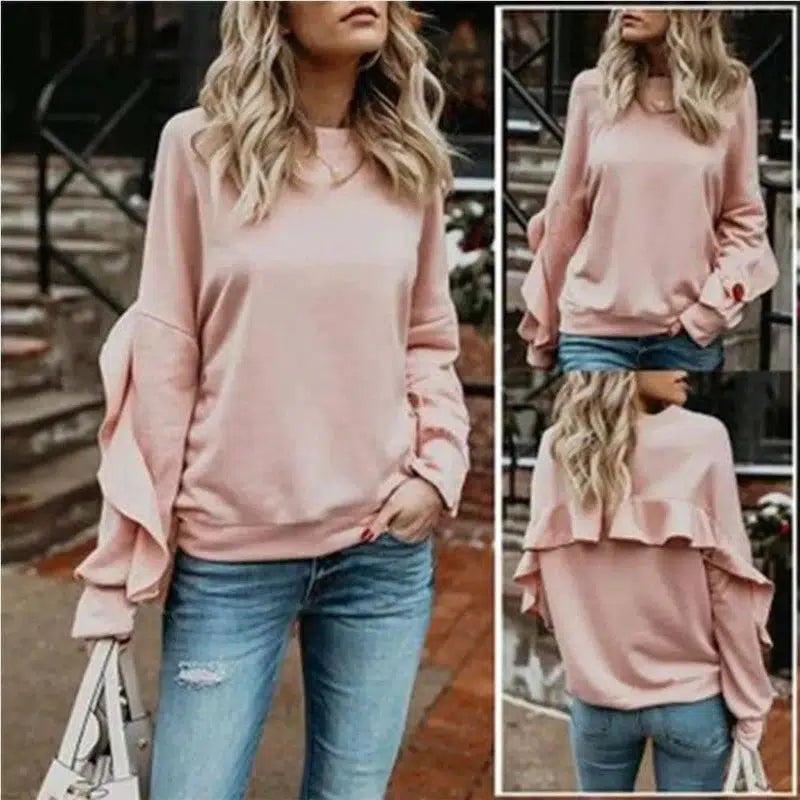 Loose Long-Sleeved T-Shirt Women Round Neck Solid Color-1