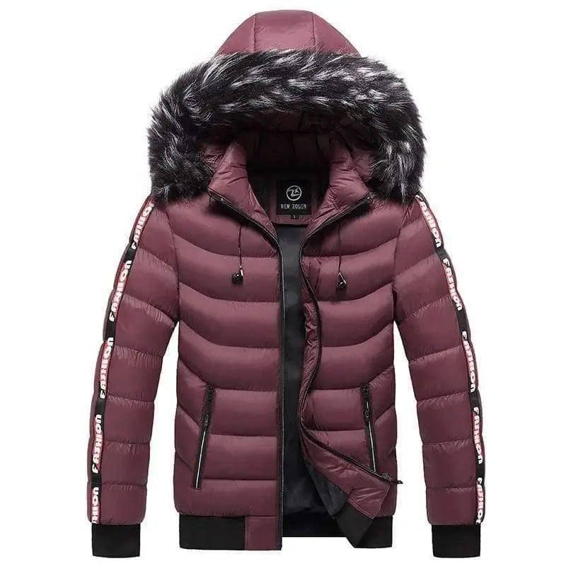 Men's Winter Fur Collar Cotton Padded Jacket-Red-4