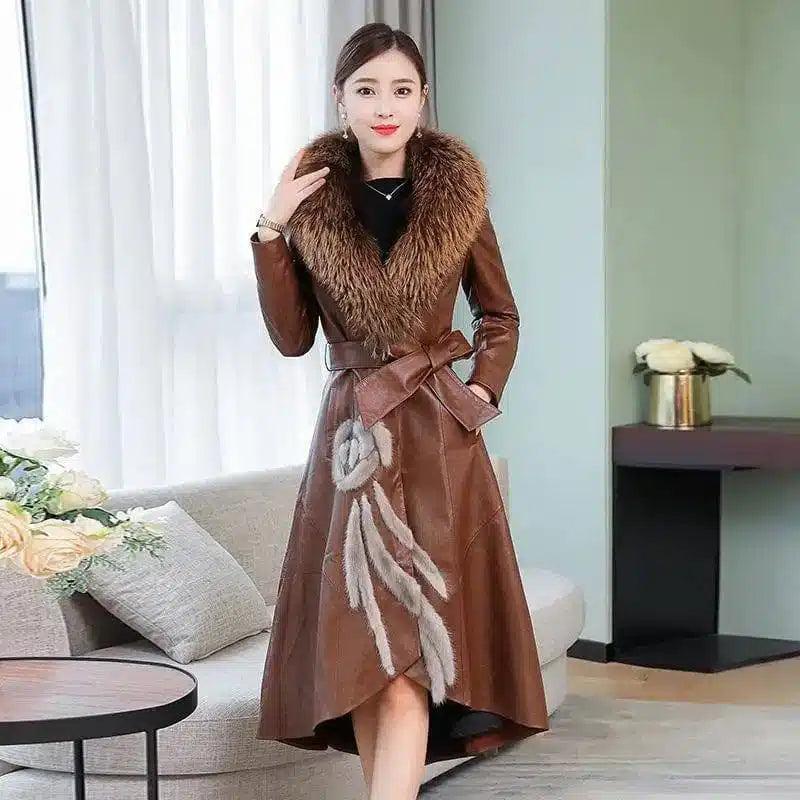 Women's Faux Fur Collar Belted Coat-Brown-2