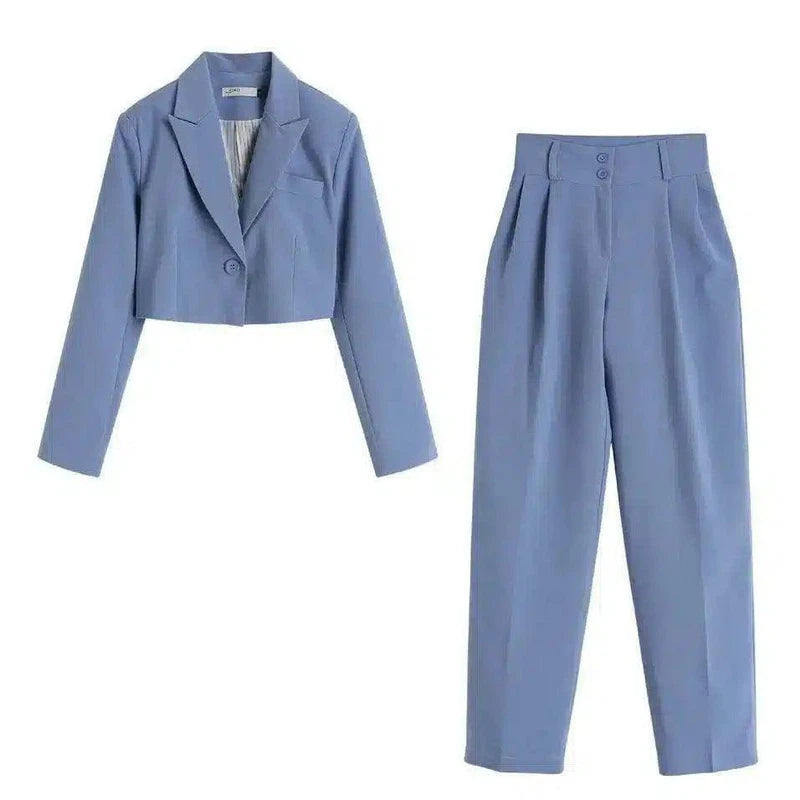 Womens Casual Blazer & High-Waist Trousers Set-Blue-7