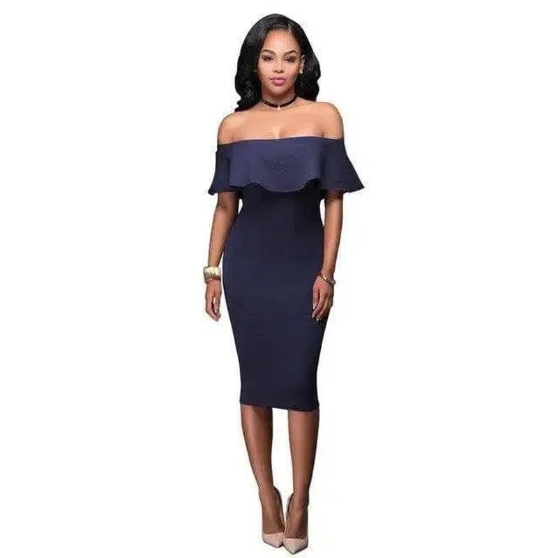 Off Shoulder Ruffles Dress-Navy-19