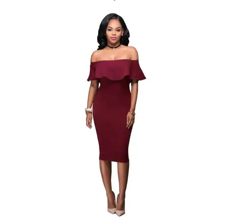 Off Shoulder Ruffles Dress-Red-21