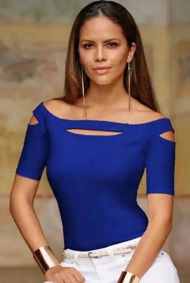 Chic Cut-Out Shoulder Women's Top-Blue-4