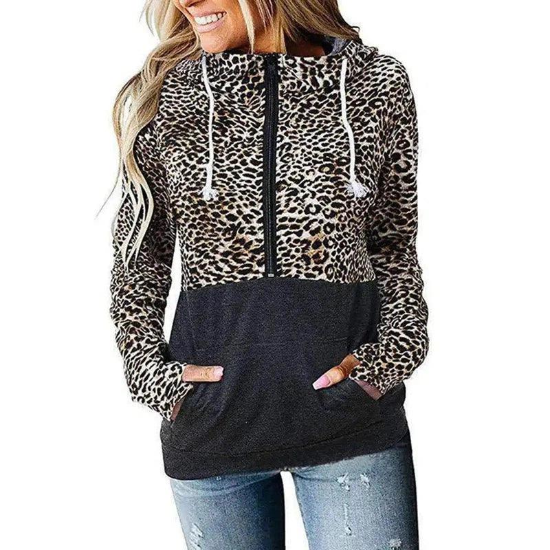 Women's Leopard Print Hooded Sweatshirt with Pockets-Photo Color-1