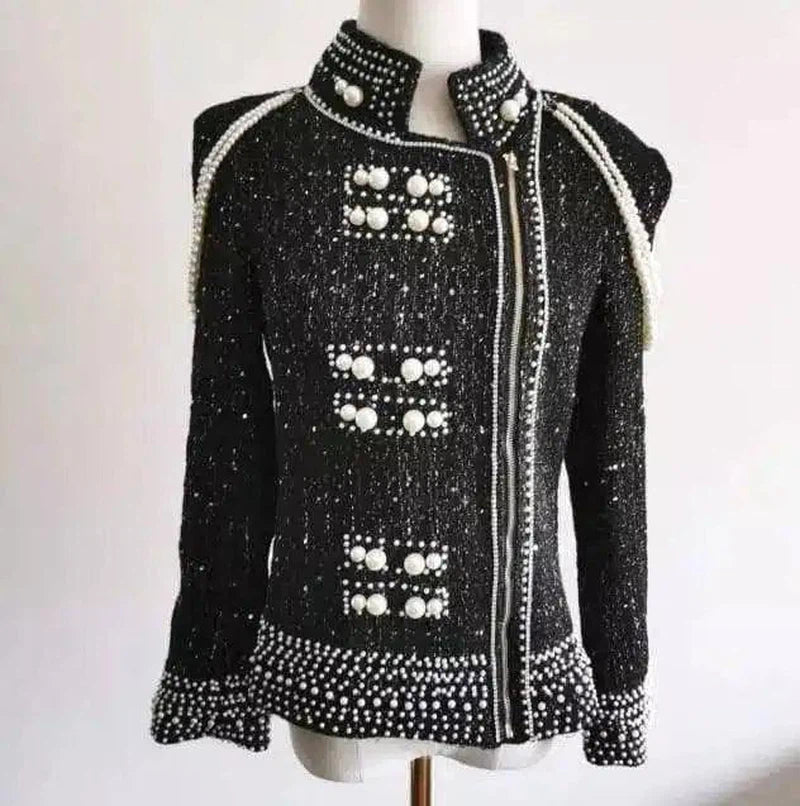 Pearl sequins heavy beaded shoulder pearl tassel jacket-Black-2