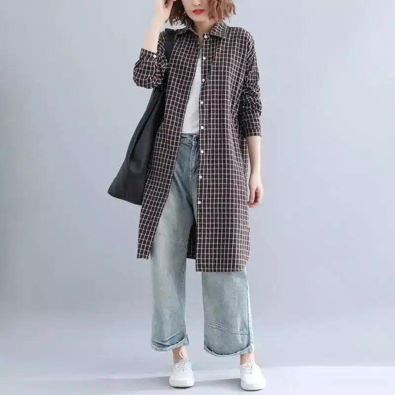 LOVEMI - Lovemi - Plaid Brushed Loose And Slim Long-sleeved Shirt