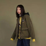 Hooded Checkered Jacket with Patch Detail-Green-1