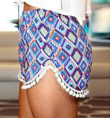 Printed elastic waist shorts beach pants-Blue-15