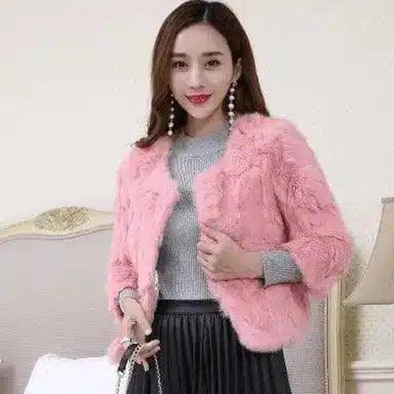 Rabbit fur grass imported seven-quarter sleeve short coat-Pink-4