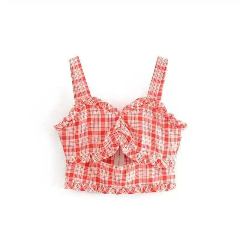 LOVEMI - Lovemi - Retro Checkered Wood Ear Cutout Camisole