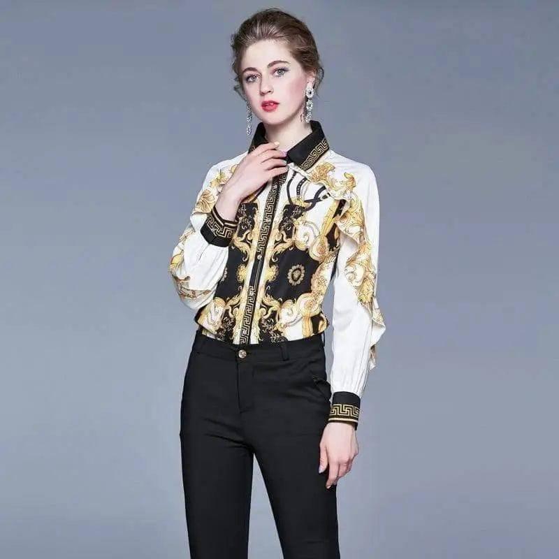 Retro Palace Print Ruffled Slim-fit Fashion Print Shirt-1