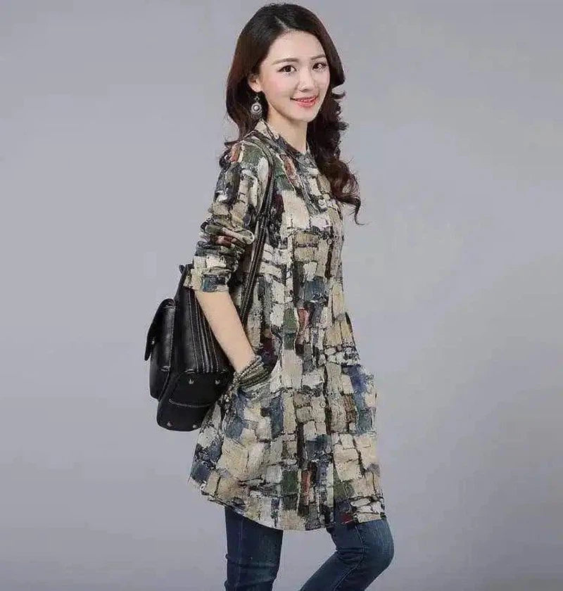 LOVEMI - Lovemi - Retro Print Long Sleeve Loose Shirt Mid-length