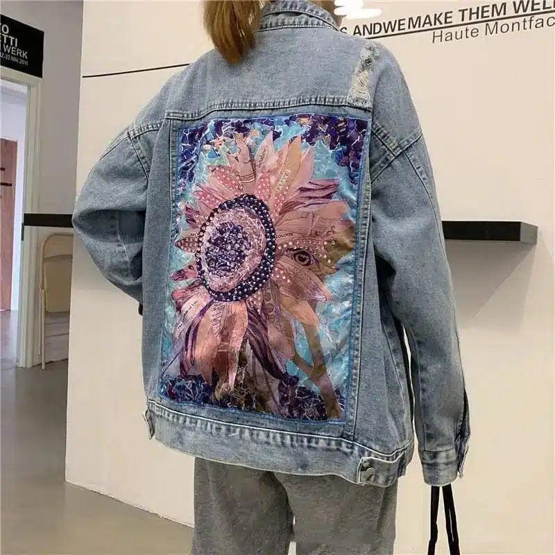 Retro Ripped Daisy Motorcycle Denim Jacket-Blue-2