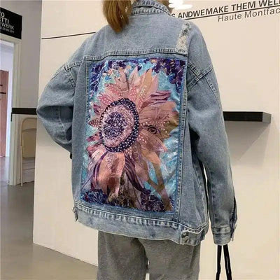 Retro Ripped Daisy Motorcycle Denim Jacket-Blue-2