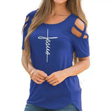 Women's Cut-Out Shoulder Casual Tee-Blue-5