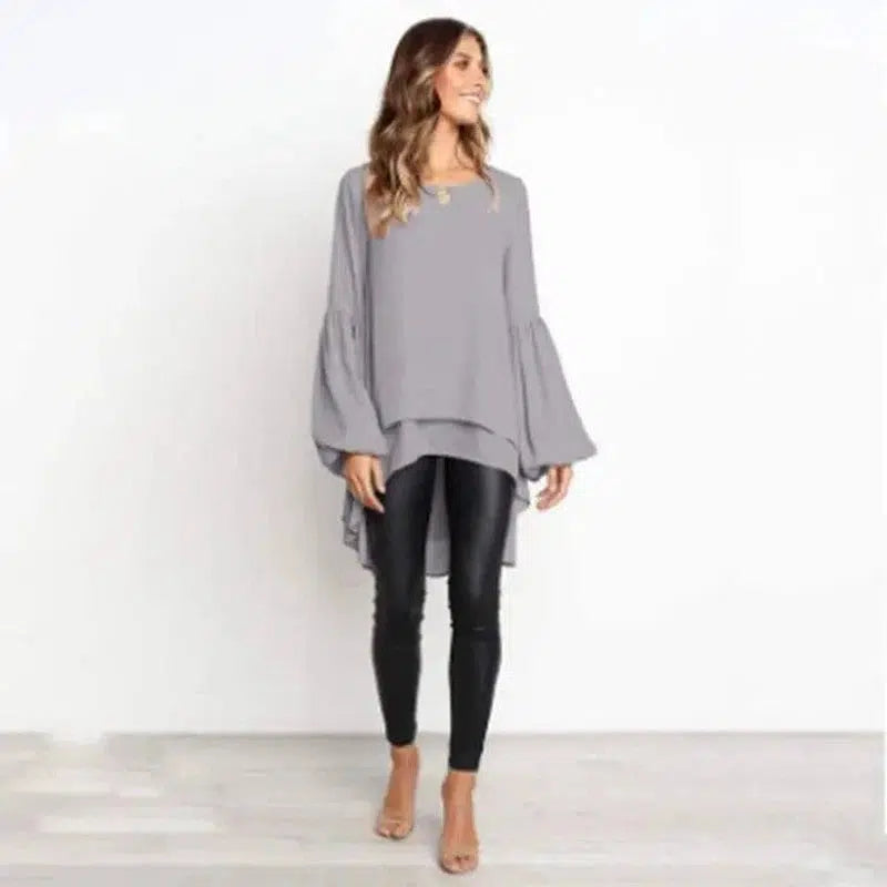 LOVEMI - Lovemi - Round Neck Lantern Sleeve Irregular Ladies Top