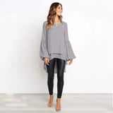 Round Neck Lantern Sleeve Irregular Ladies Top-Grey-4