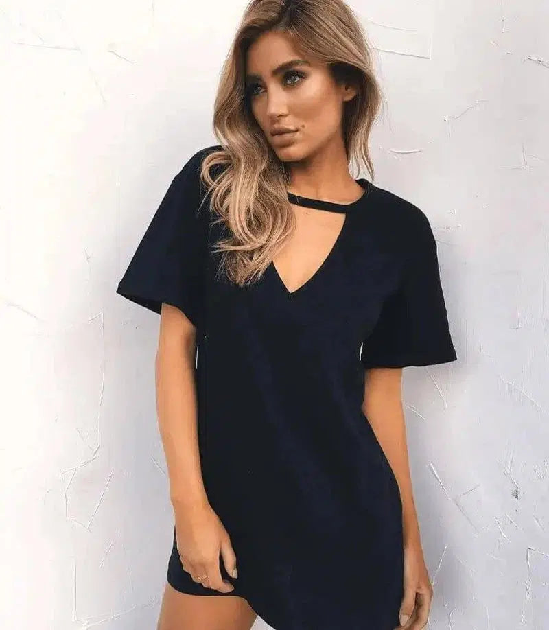 deep V short-sleeved T-shirt loose casual dress-16