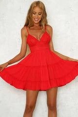 lace sling stitching bow princess dress-Red-26