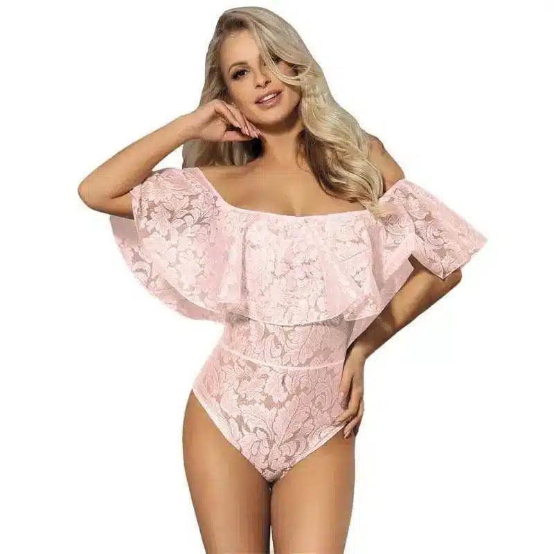 Off-Shoulder Lace Bodysuit – Elegant and Sexy-Pink-3